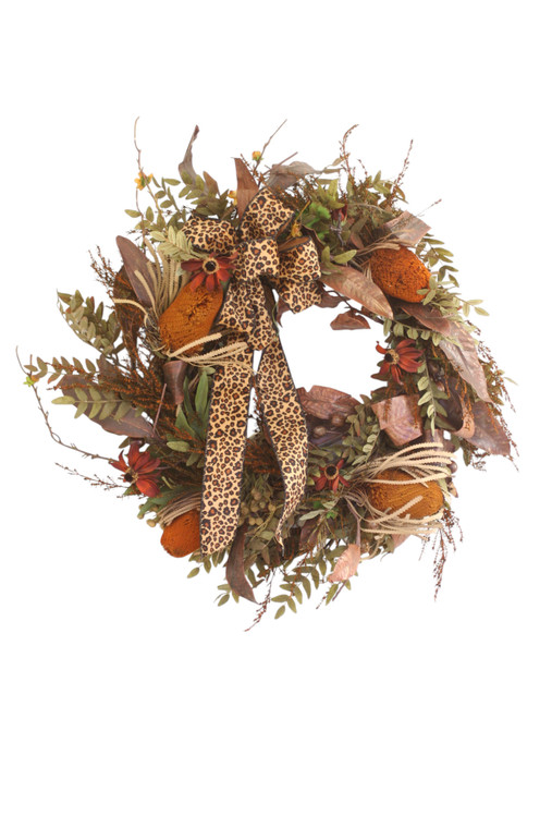 Fall Leaves with Dried Protea's and Leopard Ribbon