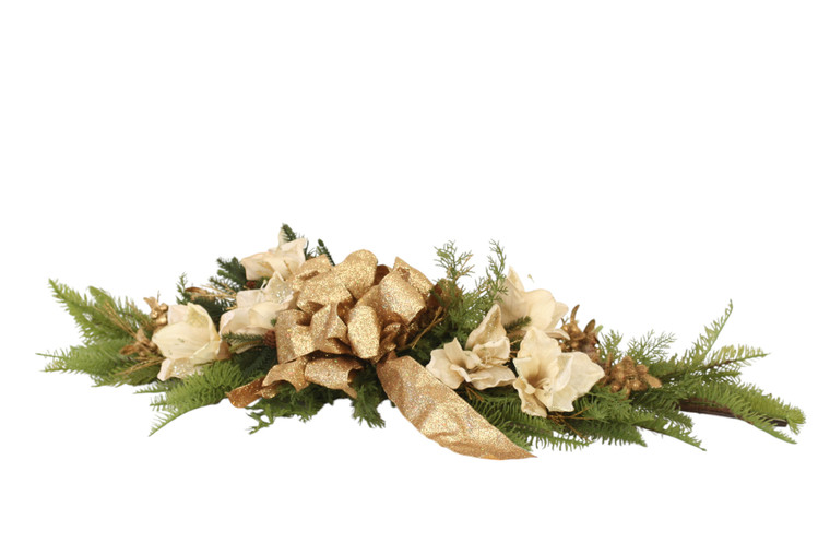 Fir Pine Mixed with Gold Cedar, Cream Sequin Amaryllis Flowers Tablescape