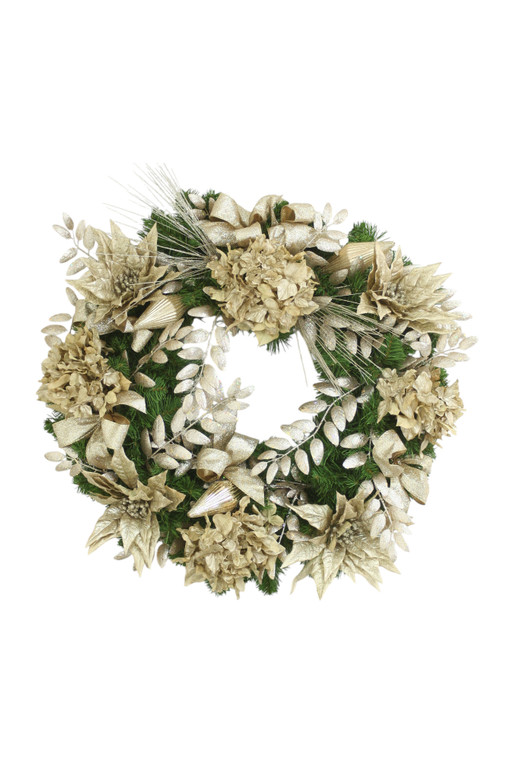 Champagne Wreath, Champagne Hydrangeas and Poinsettias with Ribbon