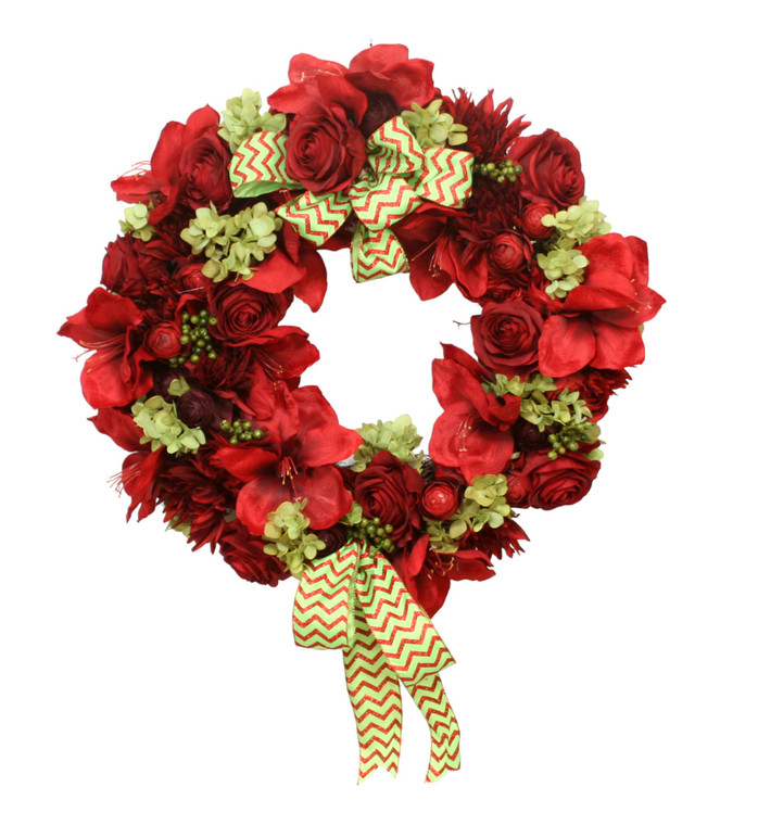 25" Red Rose & Amaryllis Wreath with Green Hydrangea and Berries with a Glittered Chevron Ribbon
