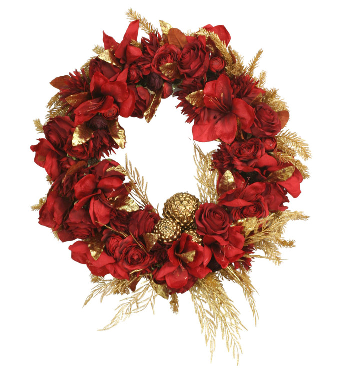 Amaryllis Wreath with Gold Ornaments and Gold Accents
