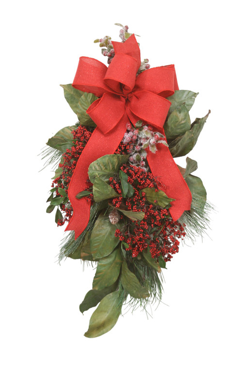 Magnolia Swag With Pine Spray, Berries And Red Ribbon