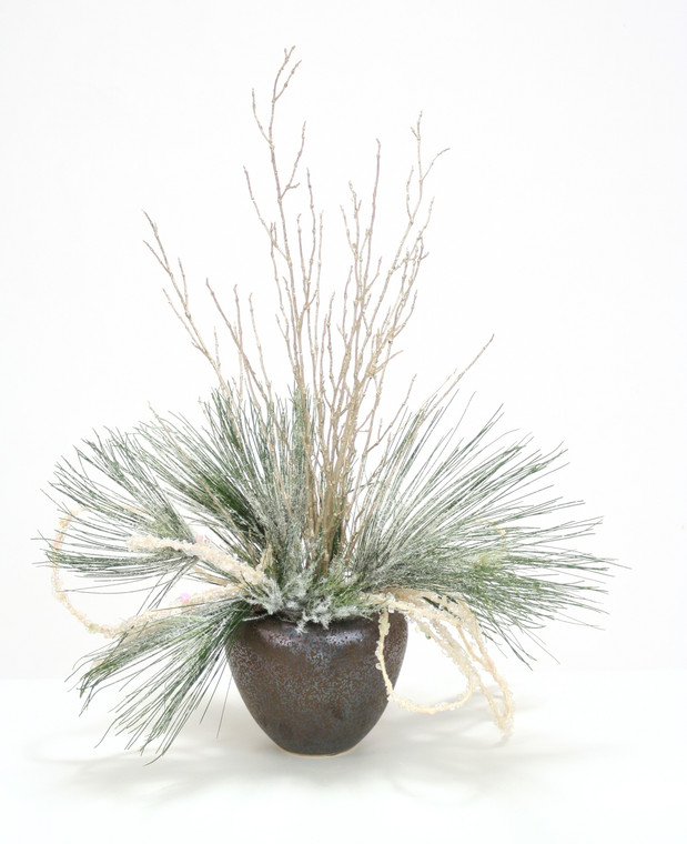 Snow Pine with Silver and White Ice Branches in Crystal Bronze Pot