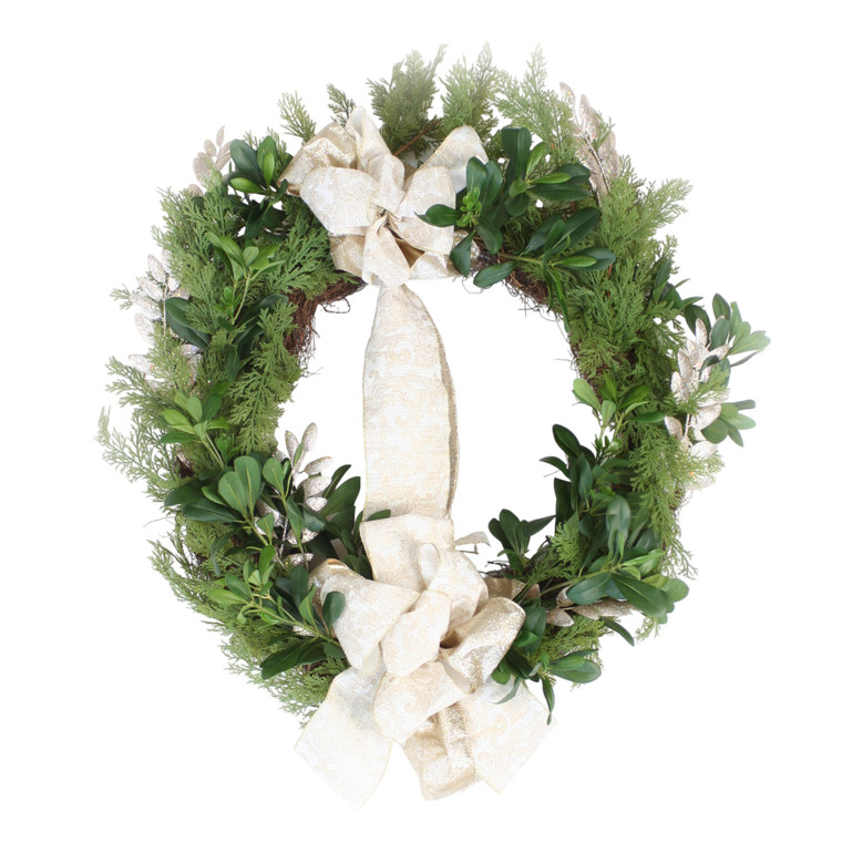 Cedar Wreath with Pittosporum and Glitter Locust and Ribbon