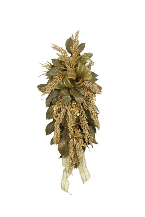 Large Swag with Sage Green Leaves with Antique Brushing and Gold Stems and Grapes