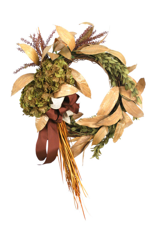 Fall Wreath of Green Hydrangeas Tan Leaves and Grasses with a Rust Brown Ribbon.