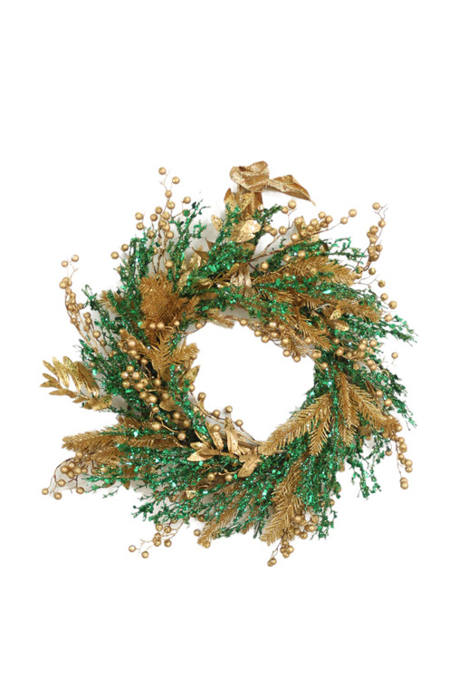 Green and Gold Glittered Wreath with Gold Berries Cypress and Leaves and a Gold Ribbon
