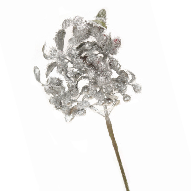 9" Red Berry Pick with Leaf and Snow - Silver (Sold in Multiples of 24)