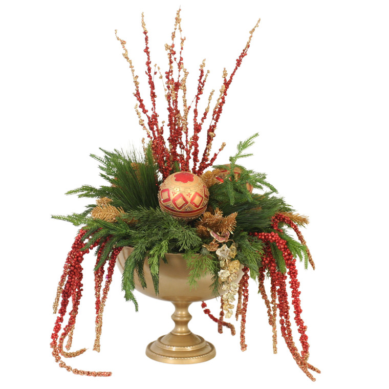 Gold and Red Holiday Arrangement in Gold Metal Urn