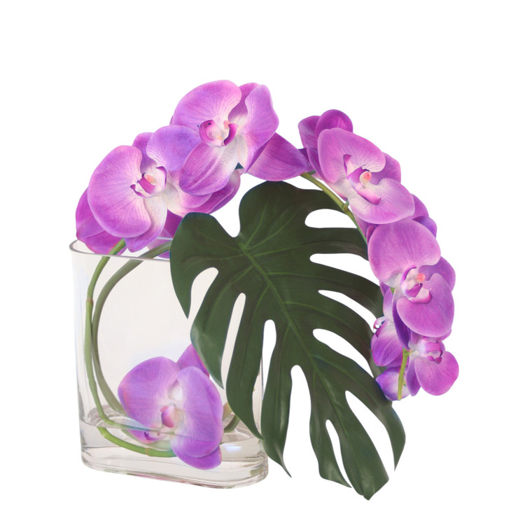 Lavender Phalaenopsis Orchid and Split Leaf Philo in Rectangular Vase