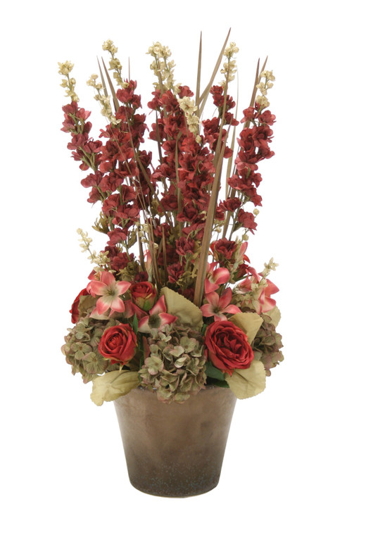 Burgundy and Green Floral in Glazed Bronze Orchid Pot