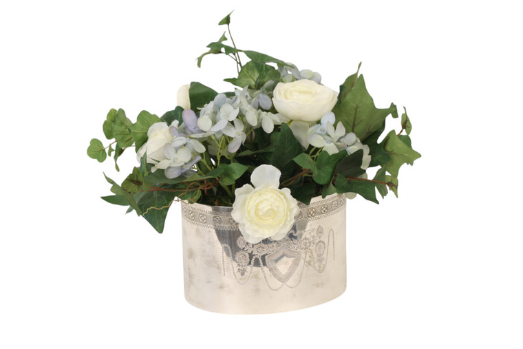 Antique Blue Hydrangea with White Ranunculus in Silver Oval Container with Lid
