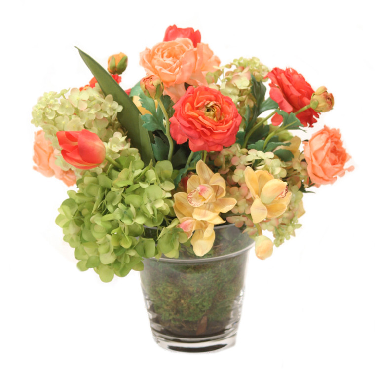 Coral Ranunculus Mixed with Green Hydrangeas in Glass Flower Pot