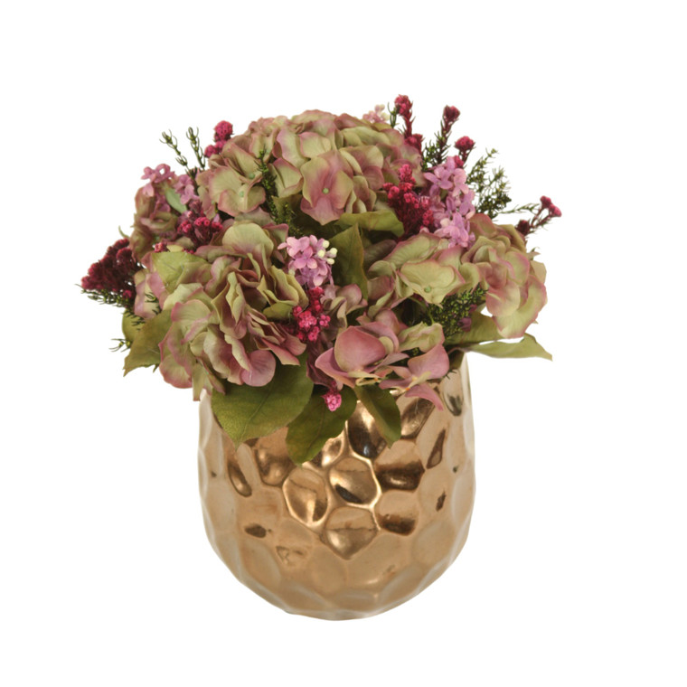 Lavender Green Hydrangeas, Plum filler in Gold Container