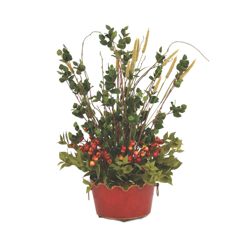 Red Berries, Bay Leaves And Branches In Toleware