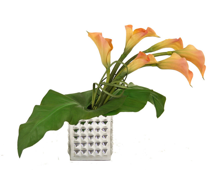 Lt Rose Cream Calla lilies, Calla Leaves in Square Aluminum Planter