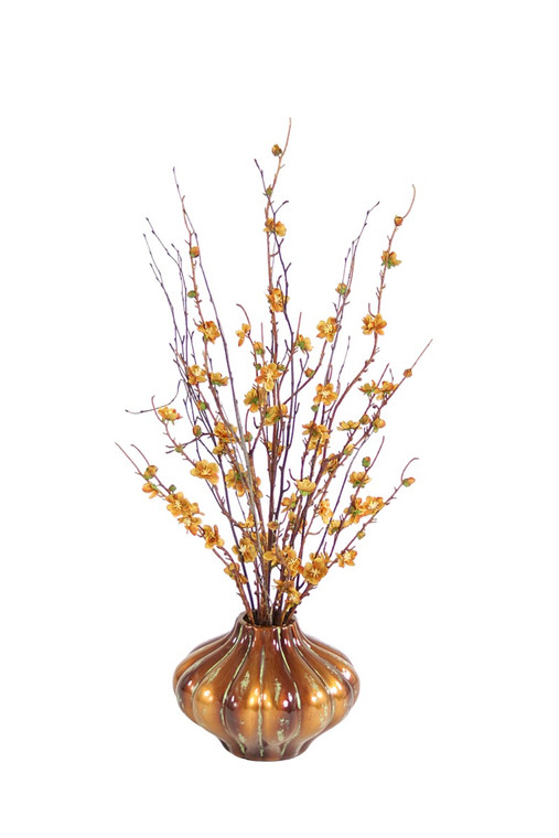 Antique Gold Peach Blossom, Birch Limbs In Gold Leaf Porcelain Vase