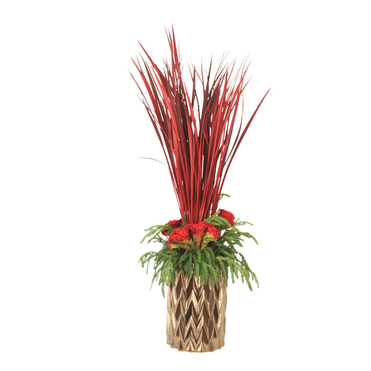 Red Grass Blades and Pine in Gold Planter