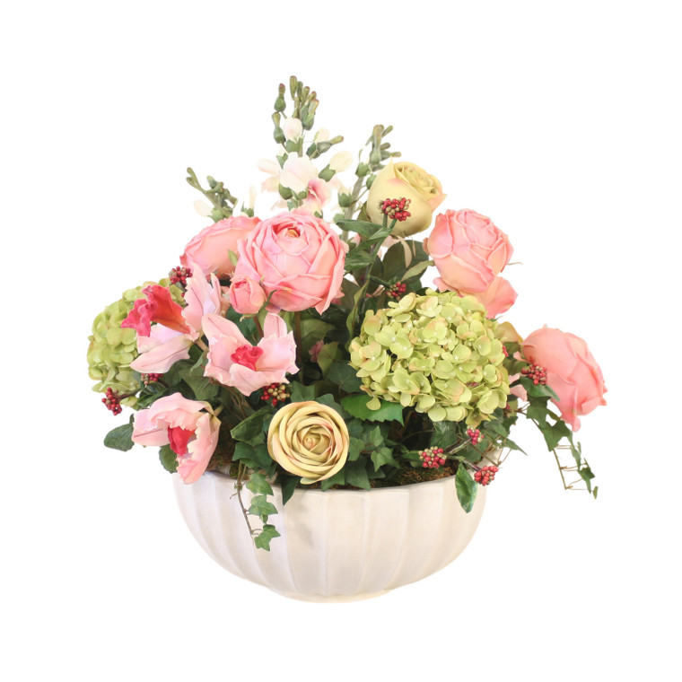 Pink and Green Rose, Hydrangea, Snapdragon in Ivory Planter