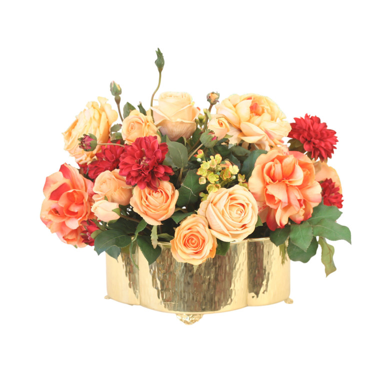 Roses, Dahlias in Sunset Tones in Brass Planter