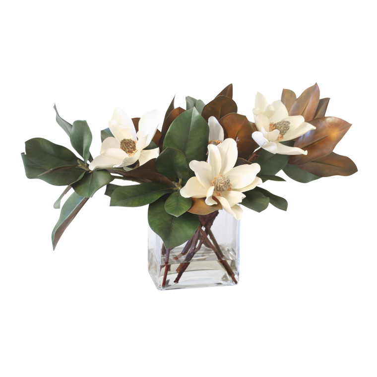 Magnolia Blooms and Foliage in Rectangle Vase