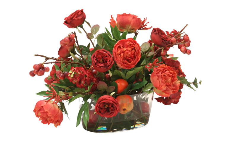 Rust and Red Garden Mix of Fruit and Florals in Oval Bowl