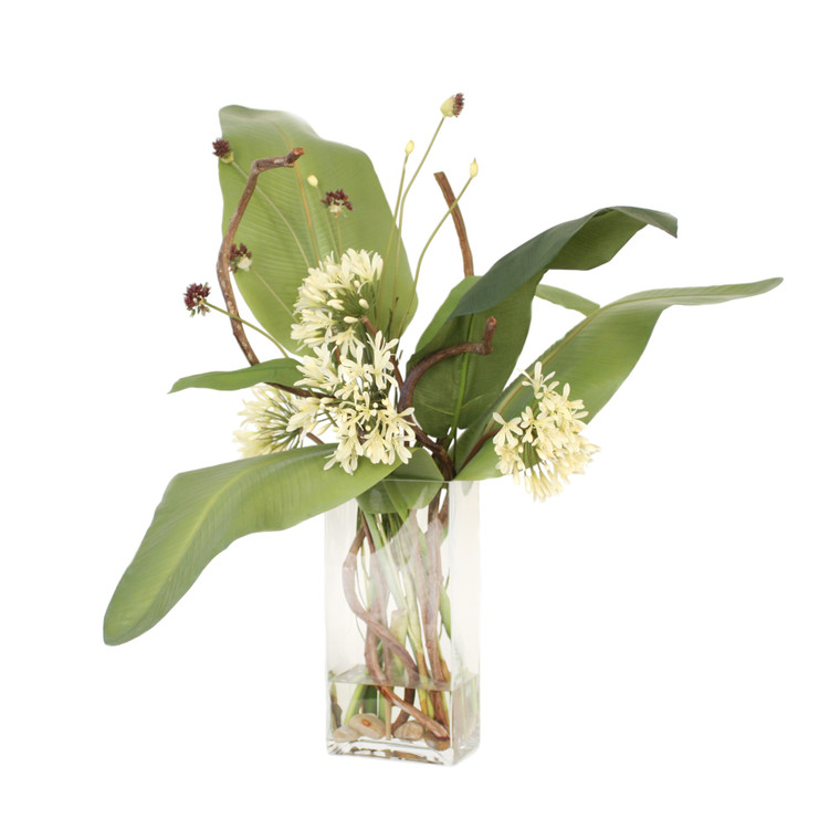 Banana Leaves, Agapanthus, Alliums in Rectangular Glass Vase