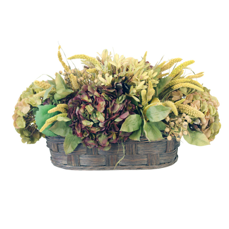 Hydrangea with Agapanthus, millet, fruit and berries  in Dark Brown Woven Oval Basket