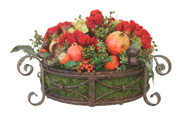 Celosia with Mixed Berries, Fruit and Pods in Round Iron Planter