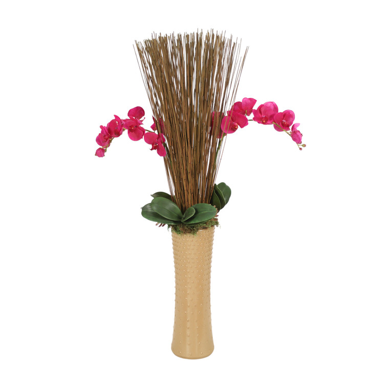 Purple Orchids with Marsh Reeds and Succulents in Nail Head Latte Brown Vase