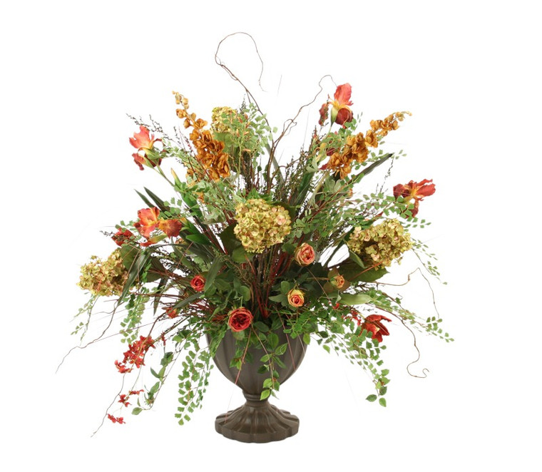 Light Green, Rust, Burgundy, Claret, and Gold Floral Mix in Fluted Urn