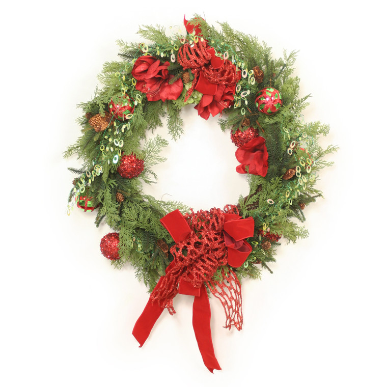Cedar Wreath with Red and Green Accents and Red Flowers with Multi Colored Ribbon