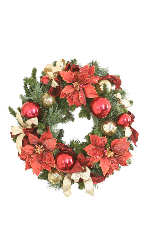 Red Poinsettias with Green Pine Wreath Adnored with Oranments and Ribbon