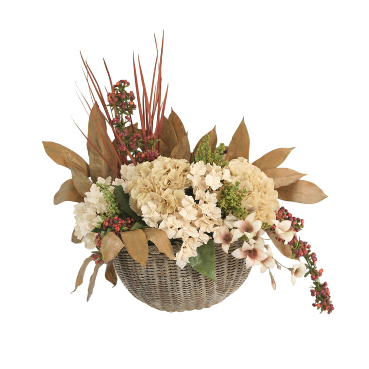 Beige Hydrangeas, Berries, Fall Foliage in Wall Basket
