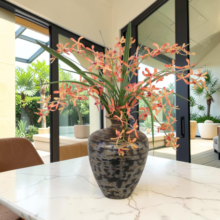 Vanda Orchids in Black Vase with Metallic Accents