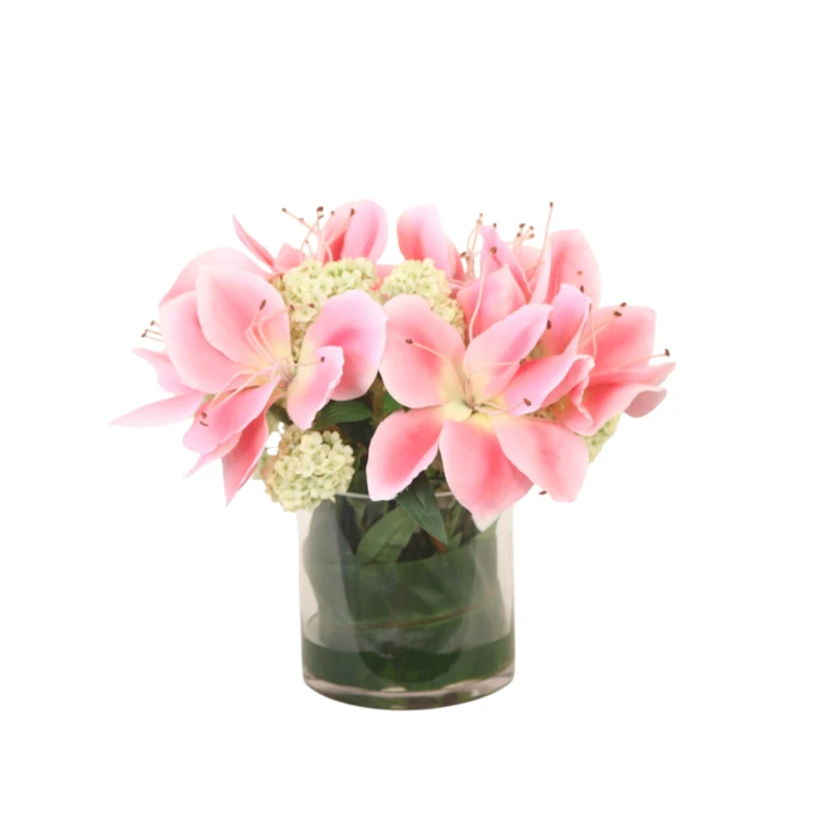 Pink Amaryllis and Green Snowballs in Glass Vase
