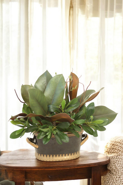 Black Porcelain Oval Container with Magnolia Mixed with Greenery
