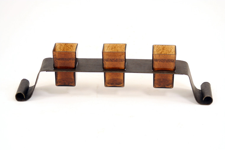 Long Wrought Iron Candle Holder with 3 Amber Glass Vases