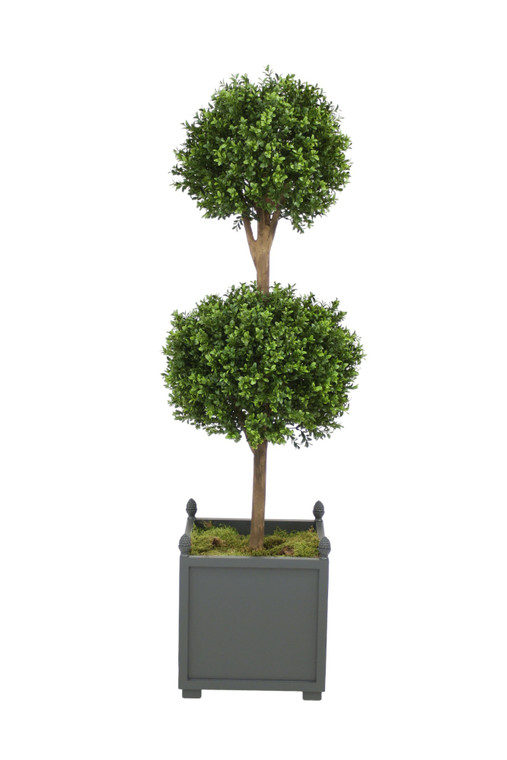 60" Boxwood Double Ball Topiary in Gray Wooden Planter with Finials