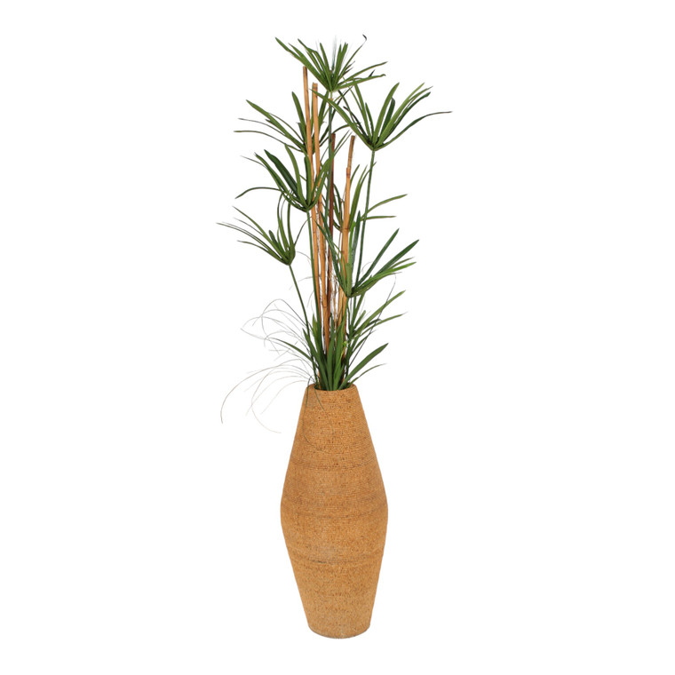 Papyrus Grass with Rattan and Bamboo in Beaded Shell Vase
