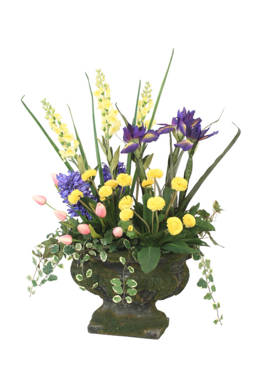 Yellow Pimula, Iris and Snapdragons in Mossed Compote