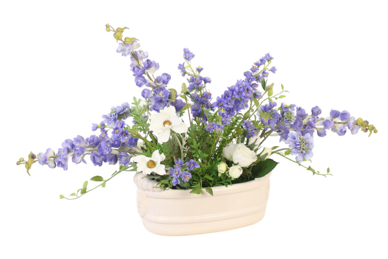 Blue and White Delphinium and Garden Flowers in Lion Head Planter
