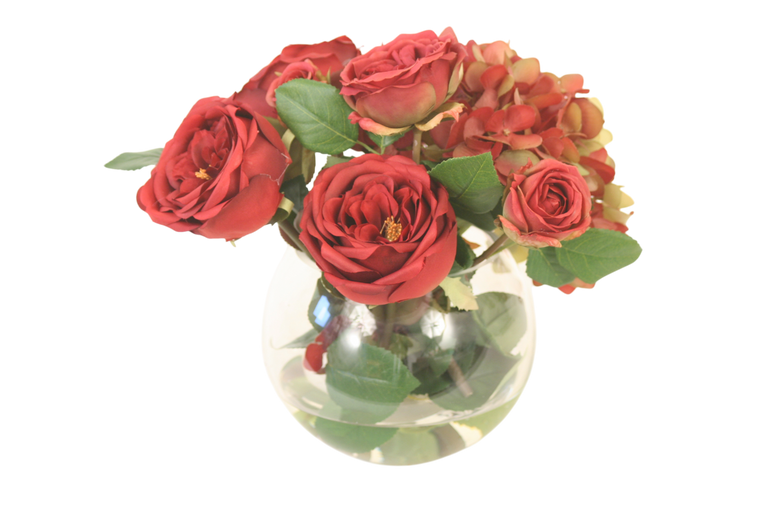 Burgundy Roses in Clear Rose Bowl