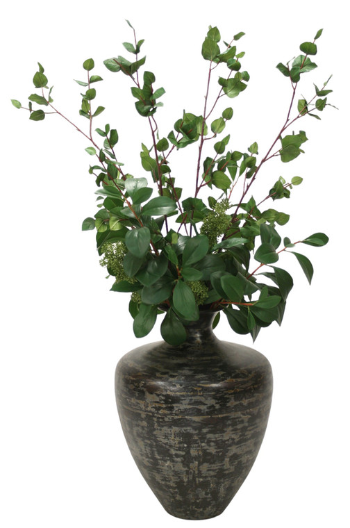 Mixed Greenery and Berries in Aged Black Vase