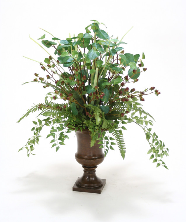 Green Brown Hypericum and Assorted Foliages in Small Cherry Urn