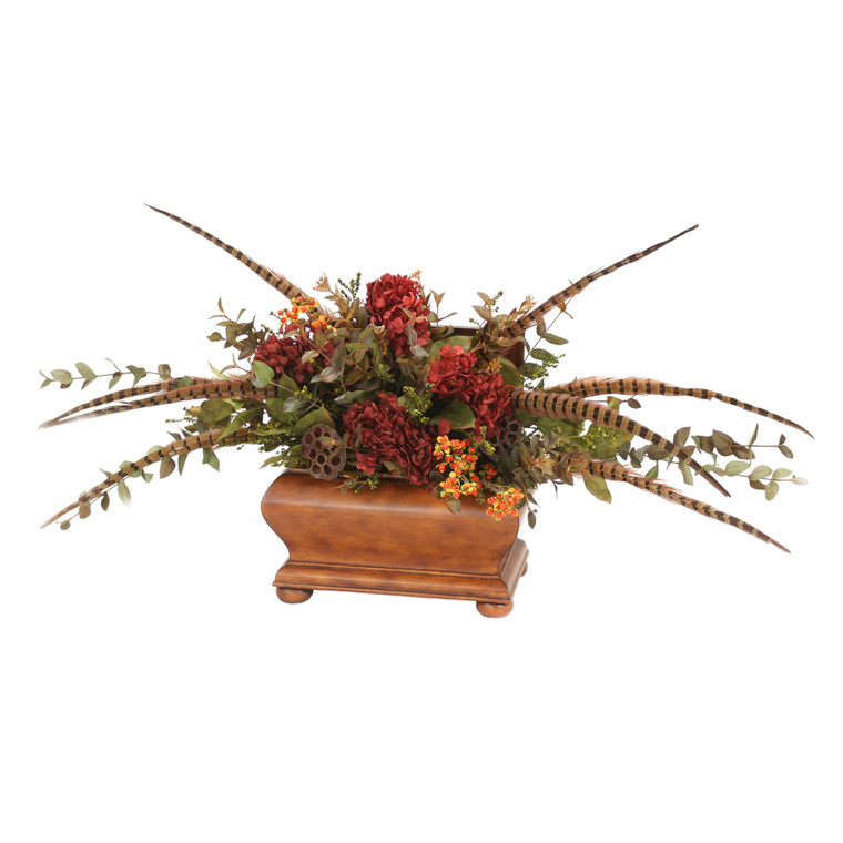 Red Dried Hydrangeas with Feathers and Foliage in Brown Wood Chest