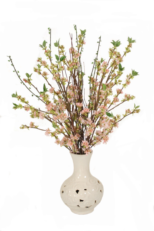 Cherry Blossoms in White Open Weave Vase