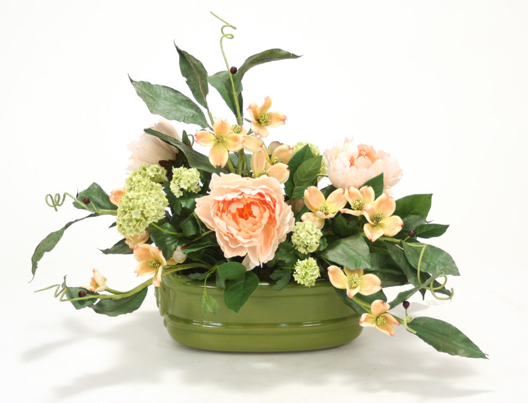 Snowballs, Peonies, Dogwood, Foliage in Sage Green Lion Head Planter