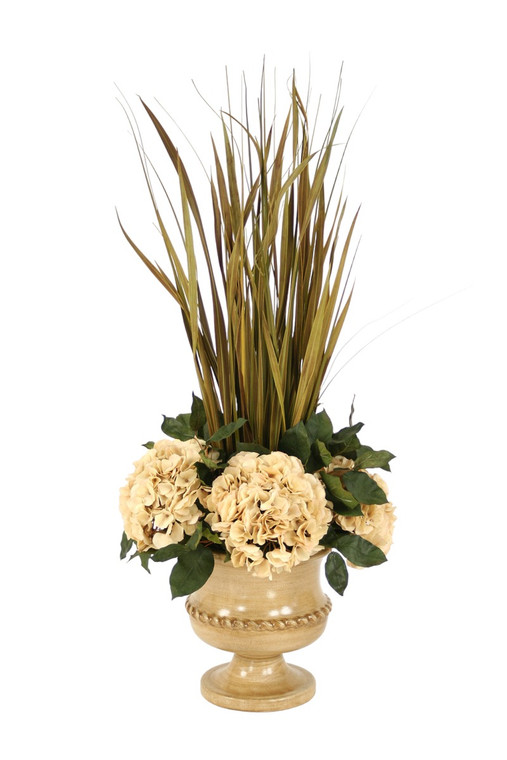 Dried Grasses with Hydrangeas in Almond Classic Urn