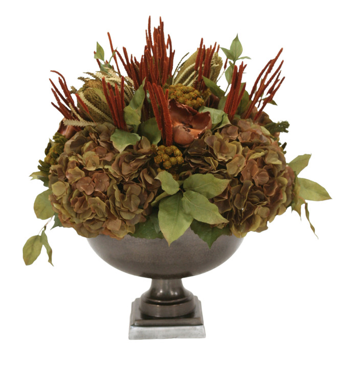 Hydrangea, Dried and Greenery in Metal Urn